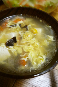 彩りコーンと帆立の中華風かきたまスープ