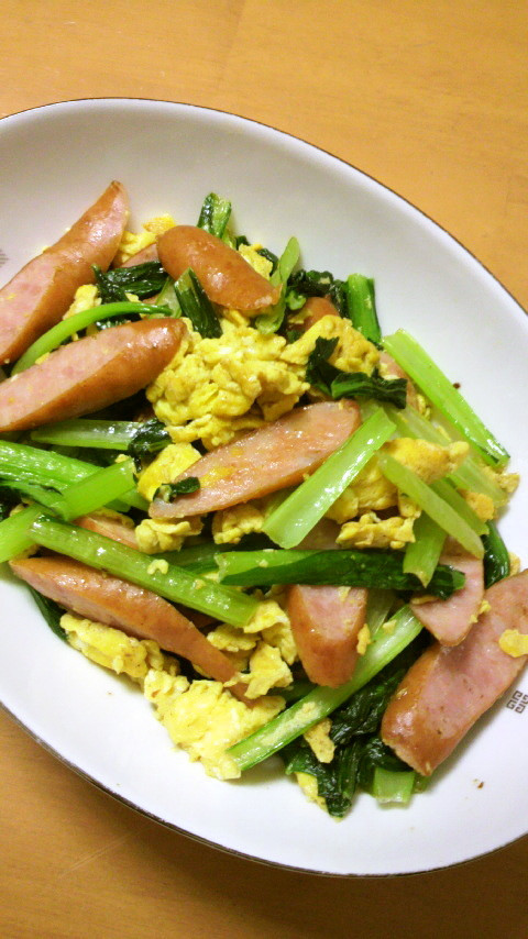 超簡単！小松菜とウィンナーと卵の炒め物の画像