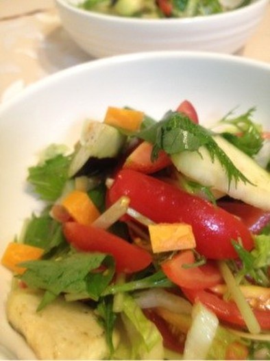 亜麻仁油を使って水菜と水ナスのサラダの写真