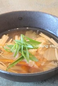 簡単☆豚しゃぶ茹で汁でピリ辛健康スープ 