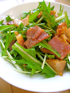 焼肉のタレで簡単♪水菜とベーコンのサラダ