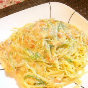 スモークサーモンと水菜のクリームパスタ