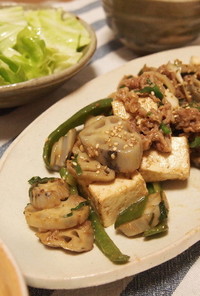 レンコンと焼き豆腐の牛肉甘辛炒め