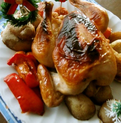 丸鶏、ズボラオーブン料理の写真