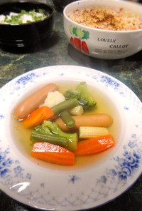 冷凍野菜とソーセージのあったかスープ