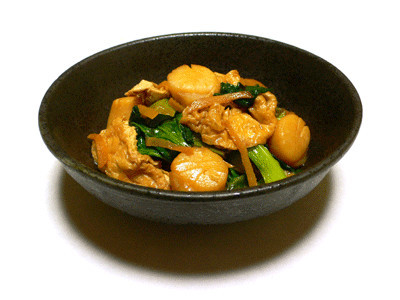 ホタテと小松菜と油揚げの生姜醤油炒めの画像