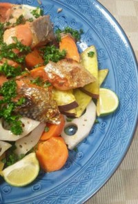 焼き鮭と温根菜の和イタリア醤油