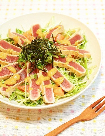 鮪のたたきと水菜のニンニク味噌サラダ☆の画像