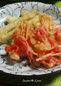 二度美味しい♡紅生姜とエノキ茸の天ぷら