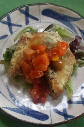 鰤のカレー竜田揚げの豆ミネがけ