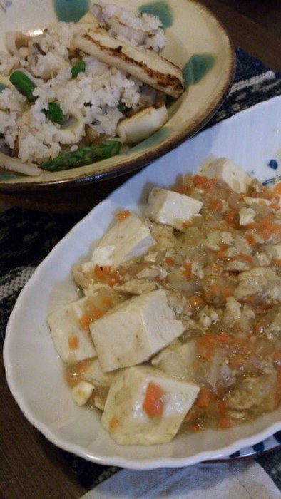 かじきでオリーブと山椒風味の和風麻婆豆腐の写真