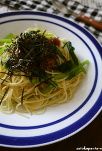 小松菜となめ茸と梅の簡単冷製パスタ