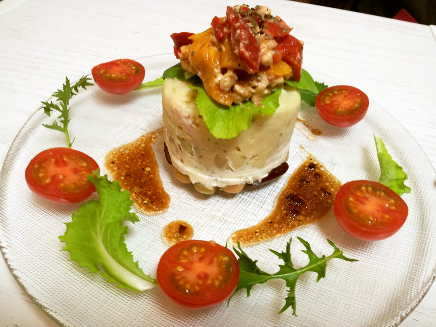 カフェ風ポテトサラダとパプリカの前菜の画像