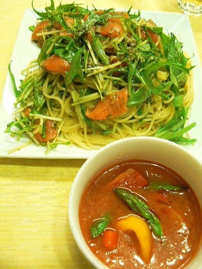 水菜とサーモンの冷製★つけスパゲティの写真