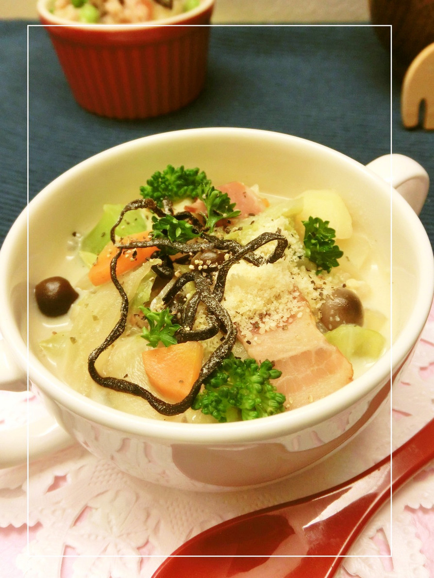 ♡お野菜たっぷり♡　塩昆布×豆乳スープの画像