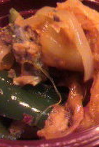 鯖水煮缶と新玉葱ピ-マンキムチ炒め煮