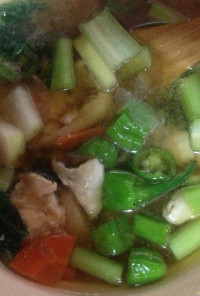 鶏胸とターツァイとシシ唐と根菜のスープ