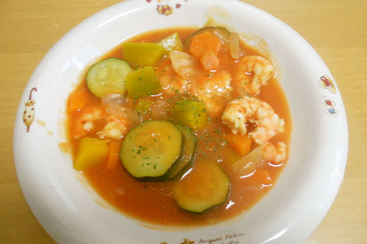 海老と夏野菜の食べるトマトスープ レシピ 作り方 By 芽実子 クックパッド 簡単おいしいみんなのレシピが356万品