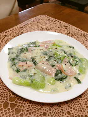 青梗菜とハムのとろとろミルク煮