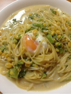 残ったコーンスープでスープパスタ