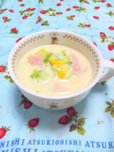 ほっこり〜白菜とハムの豆乳かき玉スープ♪の写真