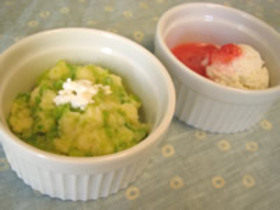 コーンキャベツ粥 いちごチーズデザート