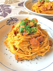 簡単〜☆かぼちゃとウインナーのパスタの写真