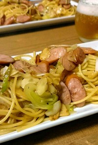 ウインナーとネギの焦がし醤油パスタ