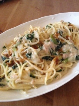 ツナと小松菜の醤油クリームパスタ