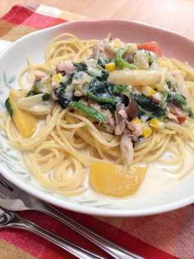 石狩鍋の残りをリメイク☆鮭クリームパスタ