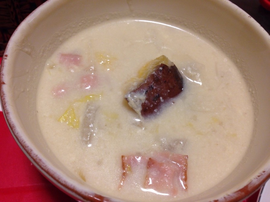 ポロ葱、カブ、ベーコンの豆乳スープの画像
