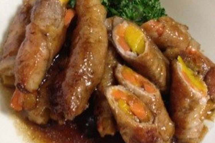 彩野菜の豚ロース肉巻き かぼちゃと人参版 レシピ 作り方 By Onbak クックパッド