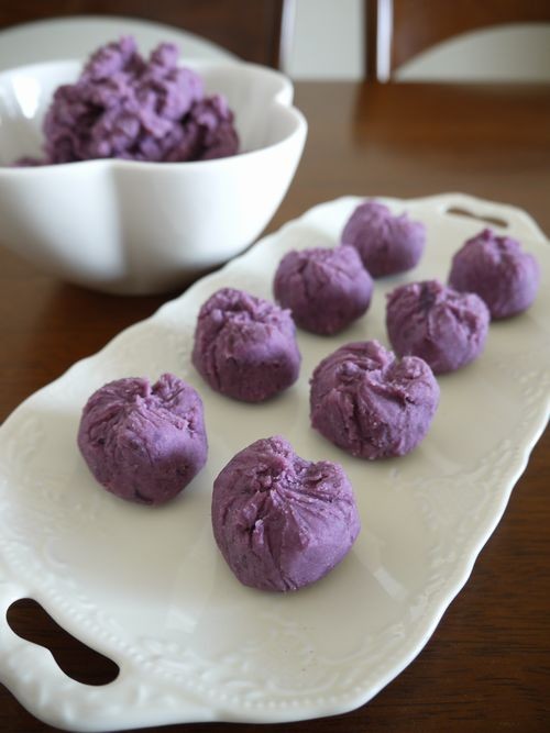 【簡単レシピ】紫芋クリーム餡の茶巾絞り♪の画像
