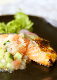 焼き鮭◩カラフルお野菜◪みぞれ酢かけ