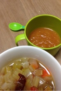 野菜スープ。鶏ハムの茹で汁使用。