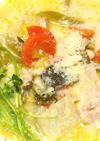鶏むね肉と野菜の豆乳スープ，チーズ風味