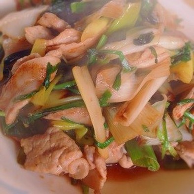 豚肉、ニラ、ネギの生姜焼き風炒めの写真