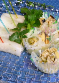 大根と缶つまムール貝のピンチョス＆サラダ