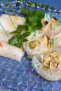 大根と缶つまムール貝のピンチョス＆サラダ