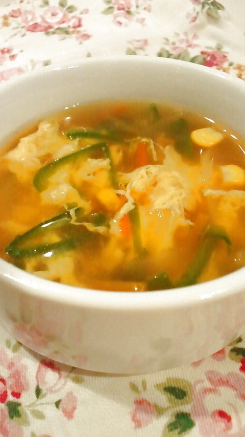 簡単ピーマンとふわふわ卵の中華野菜スープ