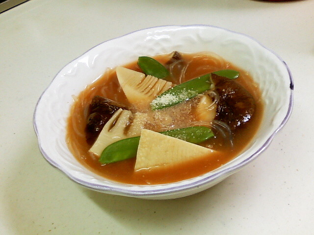 竹の子味噌汁をリメイク　春雨トマトスープの画像