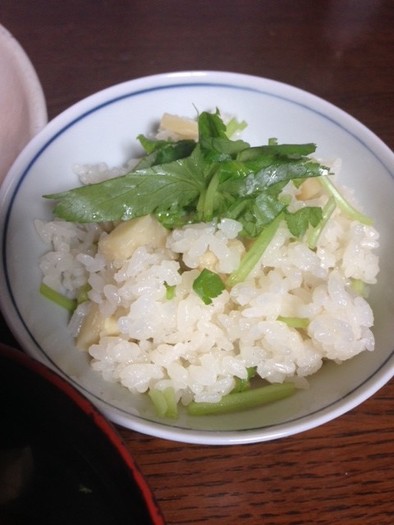 茹で方つきタケノコに味付きのタケノコご飯の写真