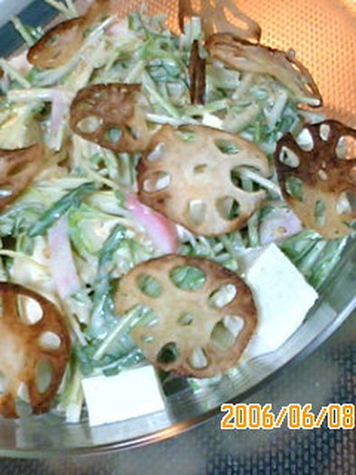 レンコンチップの水菜サラダ、味噌マヨドレの写真