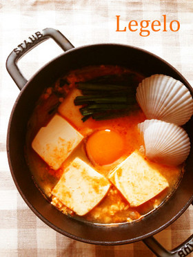 ホタテ稚貝♪つぶし豆腐のキムチ味噌スープ