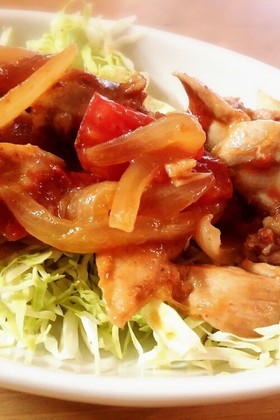 簡単⭐むね肉のトマトしょうが焼き