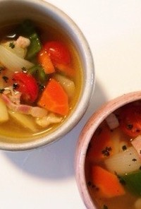 夏の朝ごはん ミニトマト入り野菜スープ