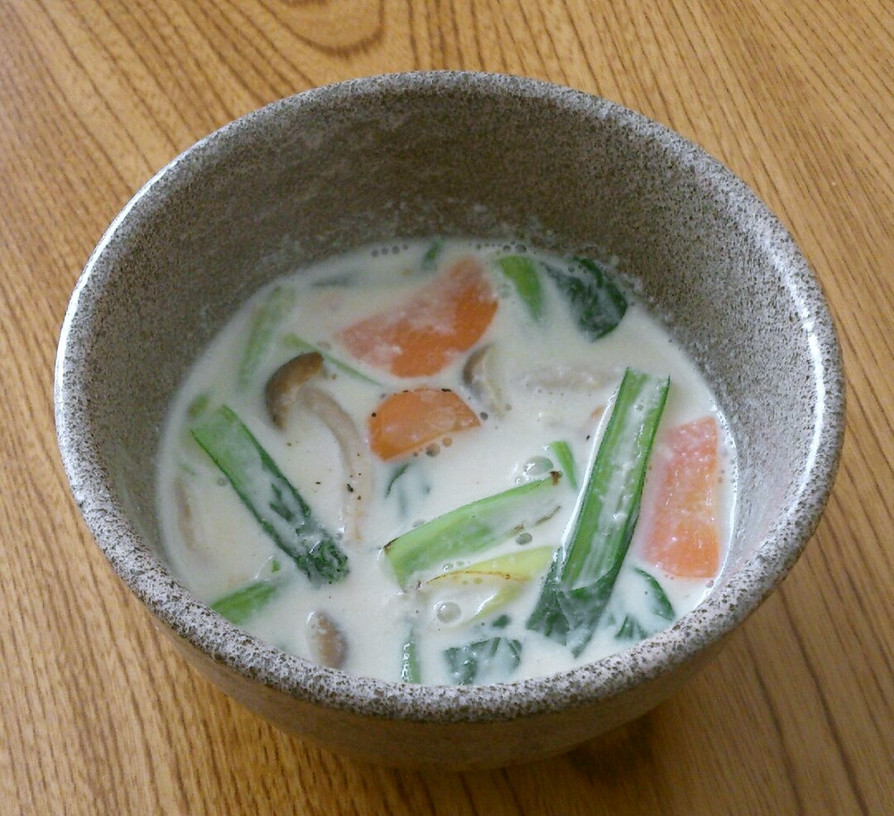 貧血対策♡小松菜としめじの豆乳スープの画像