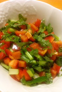 赤パプリカ、小松菜、大葉のエゴマ油サラダ