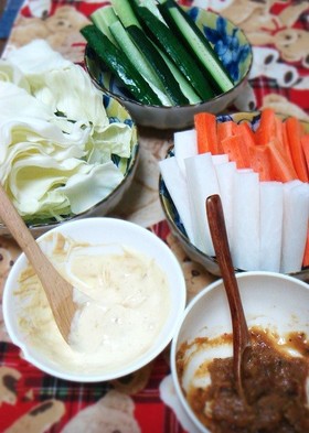 夏のおつまみ、生野菜を味噌ディップで。