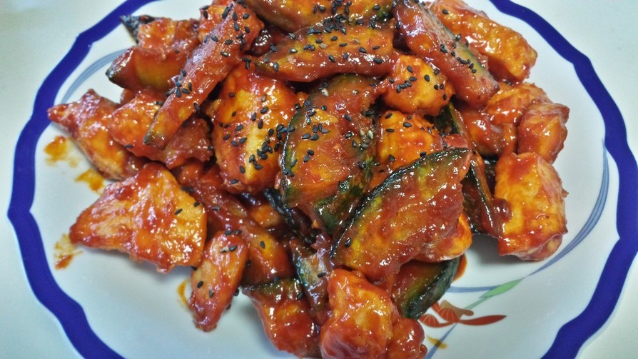 簡単韓国風★カボチャと鶏むねのヤンニョムの画像